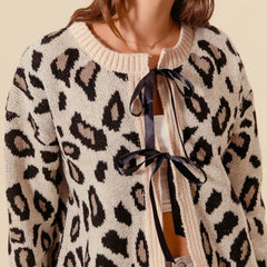 Leopard Contrast Bow Lace-up Knit Cardigan