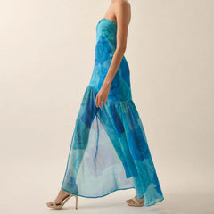 Tie-dye Rose Ruffled Split Vacation Dress