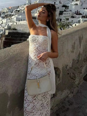 Lace Ribbon Strapless Sheer Maxi Dress