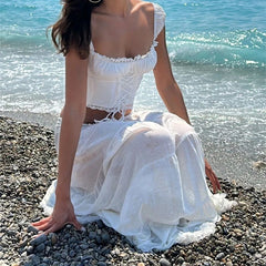 Lace Off Shoulder Long Skirt Two Piece Set