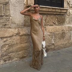Lace Slash Backless Strap Midi Dress