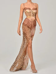 Leopard Lace Chiffon Split Vacation Dress