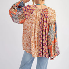 Vintage Floral Print Patchwork Blouse