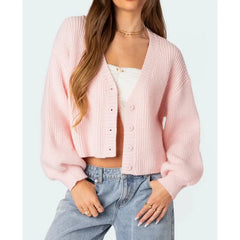 Crop Button V-neck Lantern Sleeve Cardigan