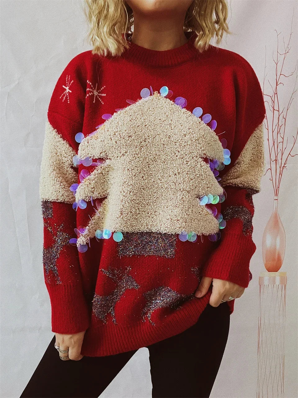 Sequins Christmas Tree Deer Jacquard Crew Neck Sweater