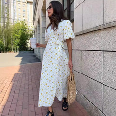 Floral V Neck A Line Slit Midi Dress