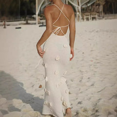 Knitted Lace Up Long Floral Dress