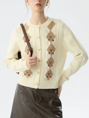 Jacquard Round Neck Office Knit Cardigan