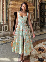 Print Strap A-Line Split Midi Dress