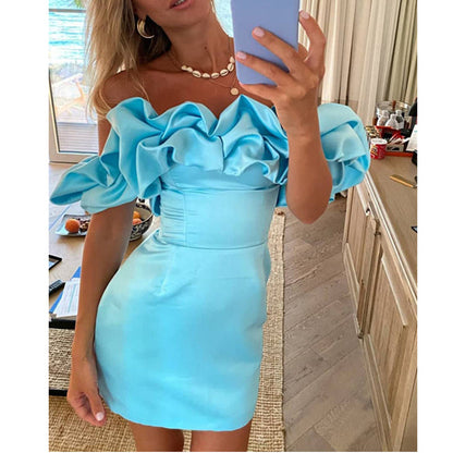 Amy Fashion - Bodycon Solid Color Ruffled Off-shoulder Dress