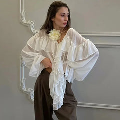 Summer White Chiffon Ruffles V Neck Blouse