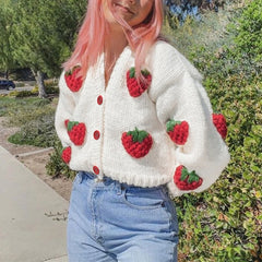 Strawberry Embroidered V-neck Lantern Cardigan