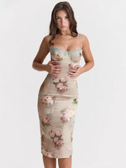 Spaghetti Strap Lace Print Bodycon Vacation Dress