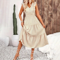 Slim Fit Sleeveless High Waist V Neck Boho Dress