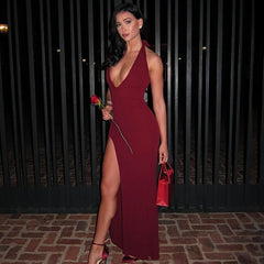 Halter V-Neck Split Maxi Dress