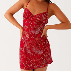 Pearl Floral V Neck Sequin Bodycon Dress