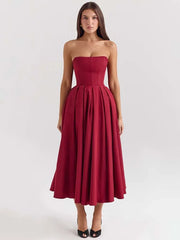 Pleated Strapless A-Line Midi Dress