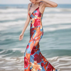 Beaded Contrast Floral Cami Vacation Dress
