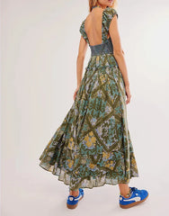 Printed Chiffon Short Sleeve A-line Boho Dress