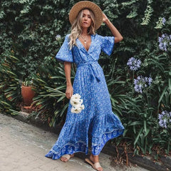 Blue Floral Deep V Neck Loose Boho Dress