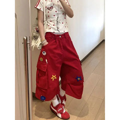 Heart Print Red Denim Calf Pant