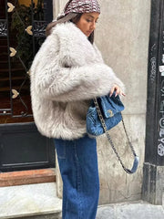 Fluffy Wool Blend White Faux Fur Coat