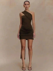Draped Oblique Shoulder Mini Dress