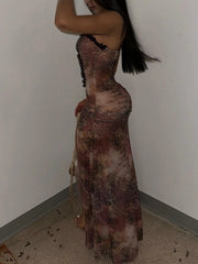 Sheer Mesh Lace-Up Cardigan Maxi Dress