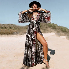 Print Kimono Loose Long Sleeve Boho Dress