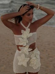 Hollow Knit Halter Mini Floral Dress