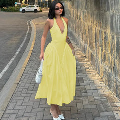 Deep V Neck Halter Pleated Prom Dress