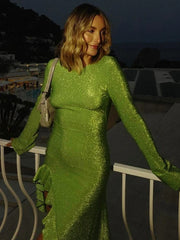 Glitter Thigh High Split Ruffled Bodycon Dress