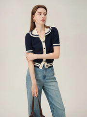 Contrast Polo Collar Summer Knit Cardigan