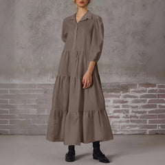 Casual Lapel Puff Sleeve Tiered Maxi Boho Dress