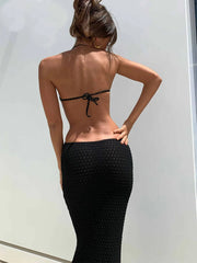Hollow Patchwork Lace-Up Maxi Dress