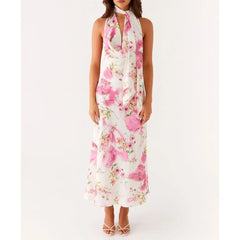 Cowl Neck Floral Halter Vacation Dress