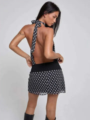 Polka Dot Patchwork Halter Mini Dress