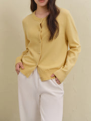 Wool Short Yellow Round Neck Cardigan