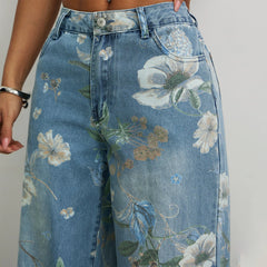 Floral Print Washed Denim Pant
