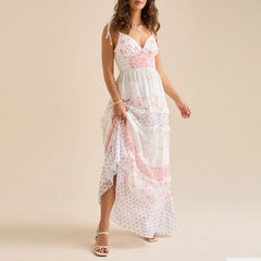 Contrast Lace Ruffle Layered Vacation Dress