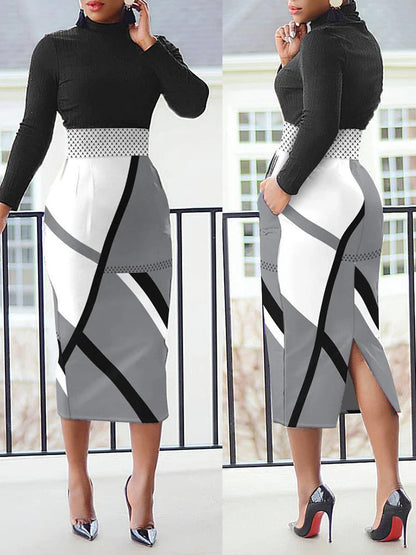 2024 Long Sleeve O-neck Print Elegant Slim Penclil Dress