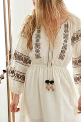 Lantern Sleeve Lace Embroidery Cotton Boho Dress