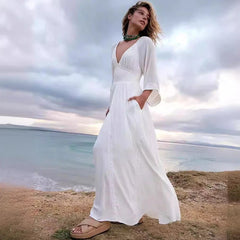 Deep V Neck Polyester Elastic Waist Boho Dress