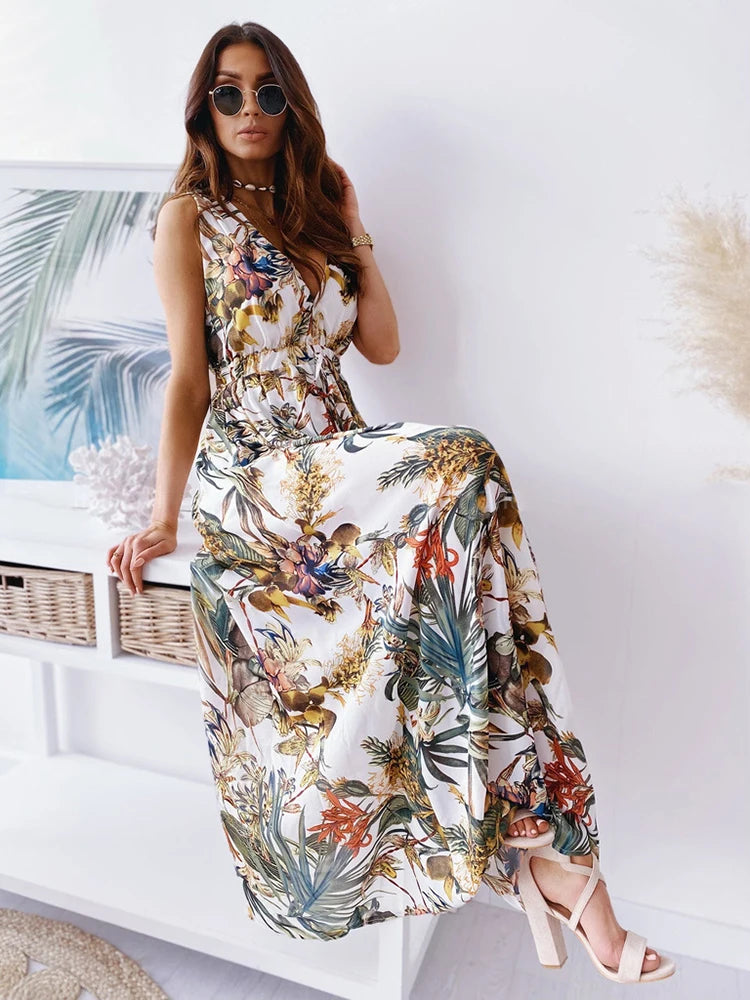 Amy Fashion - 2024 Deep V Neck Print Sleeveless Boho Dress