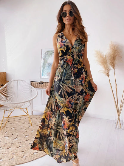 Amy Fashion - 2024 Deep V Neck Print Sleeveless Boho Dress