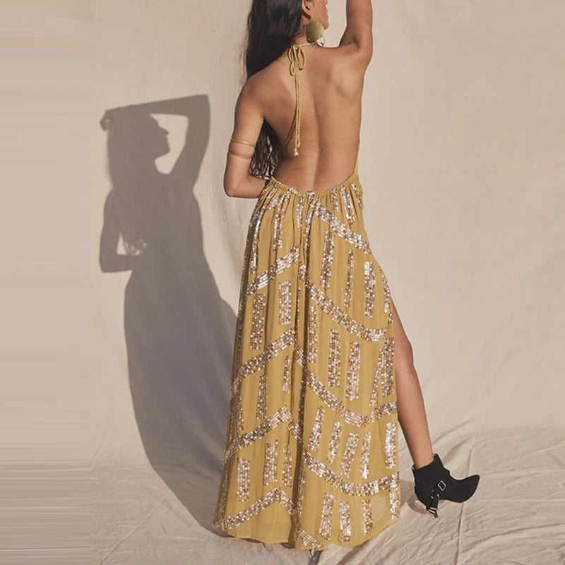Amy Fashion -  Elegant Lace Halter Backless Boho Dress