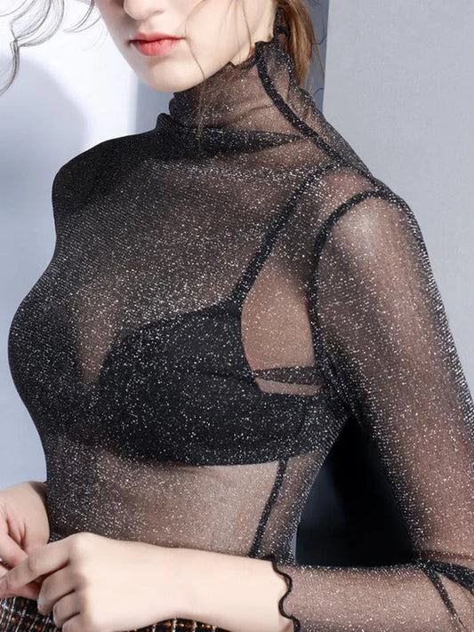 AMY FASHION - Sexy Mesh Long Sleeve Transparent See Through Femme Crop Top