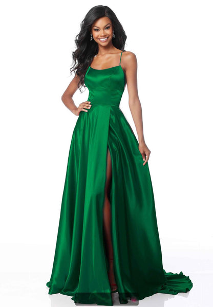 Amy Fashion - Long Style A Line High Split Silk Satin Evening Dress