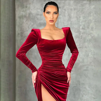 Red Velvet Elegant Midi Christmas Party Dress