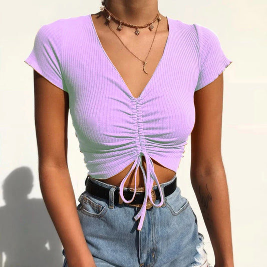 AMY FASHION - Sexy V Neck Drawstring Tie Up Front Camis Crop Top